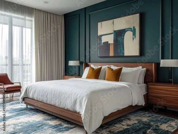 Obraz Teal walls combined with sleek wood furniture and abstract wall art for a modern bedroom with a bold edge