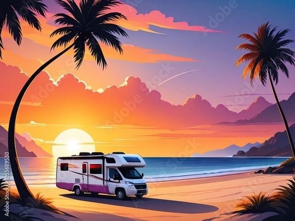 Fototapeta Embark on a Scenic RV Adventure amidst the Majestic Mountains and Flourishing Landscapes. Vintage Cartoon Illustration of a Retro Camper Minibus by the Sea: Summer Vacation Concept with Palm Trees