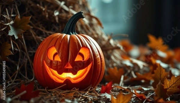 Obraz Spooky jack-o'-lantern in autumn leaves