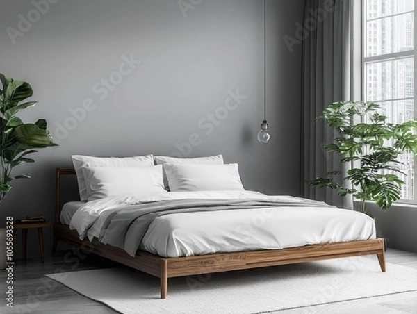 Obraz Minimalist bedroom features soft gray walls, a sleek bed frame, and simple, neutral decor
