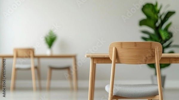 Fototapeta Minimalist office setup with bamboo desks, ergonomic recycled chairs, showcasing eco-friendly and sustainable decor