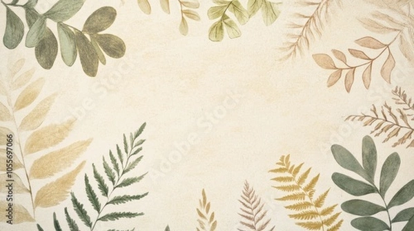 Fototapeta stylized botanical illustrations featuring ferns and leaves in soft, muted colors, arranged elegantly on a textured paper background
