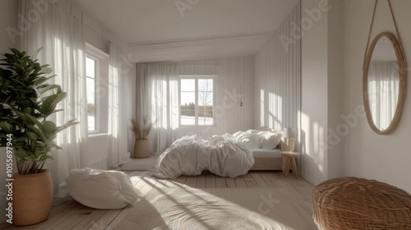 Fototapeta  a white scandinave bedroom with a bed in clear wood. in the left a big win a white scandinave bedroom with a bed in clear wood. in the left a big window with curtains .dow with curtains .