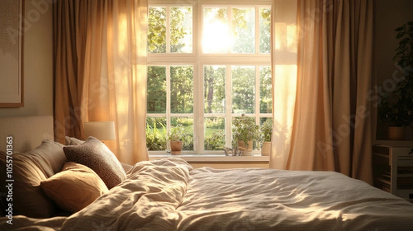 Fototapeta a cozy scandinavian adult bedroom in a photorealistic style. A large window with elegant beige eyelet curtains , soft light to fill the room in a late-afternoon glow. 