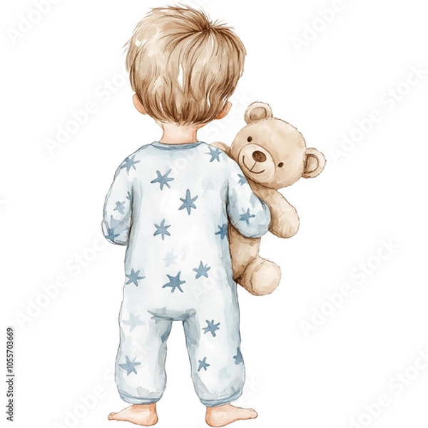 Obraz Little boy with teddy bear in blue starry pajamas rear view