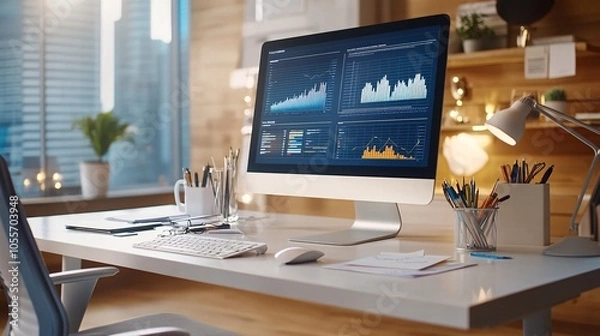 Fototapeta Modern Desk Setup with Data Display on Screen