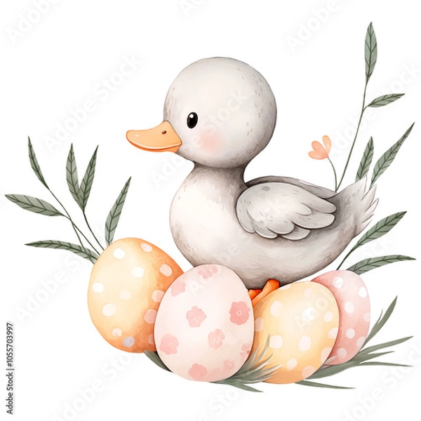 Obraz Cute gray duck with easter pastel eggs