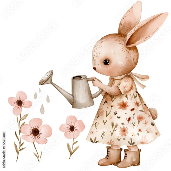 Obraz Bunny gardener with floral dress and watering can
