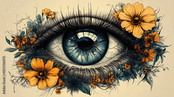 Obraz Artistic fusion of human eye with vibrant floral elements in engraved style
