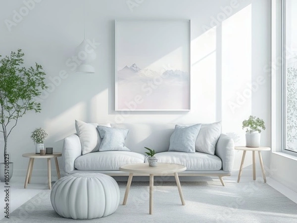 Obraz White walls paired with light gray Scandinavian furniture and pops of pastel colors in the decor for a soft, fresh look