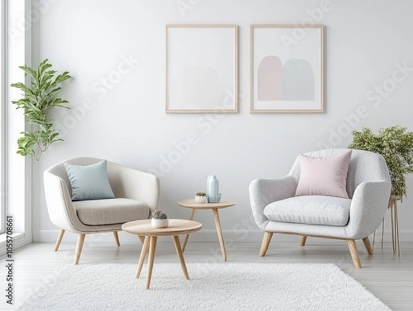 Fototapeta White walls paired with light gray Scandinavian furniture and pops of pastel colors in the decor for a soft, fresh look