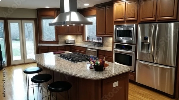 Fototapeta Trendy grey modern kitchen interior showcase with minimalistic furniture and led lights