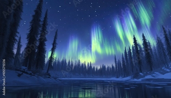 Fototapeta Aurora Borealis Displaying Over a Snowy Forest and Frozen Lake
