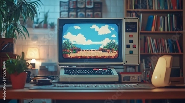 Obraz Retro monitor with pixelated game displayed in high detail on a desk setup blending retro with contemporary style