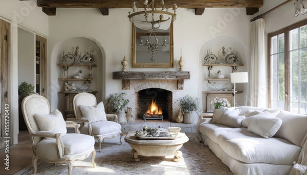 Fototapeta Cozy modern living room featuring elegant chairs and plush sofa near rustic fireplace, creating warm and inviting atmosphere