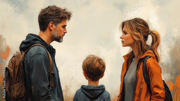 Obraz Family dispute and communication challenges in a cartoon scene with parents and child