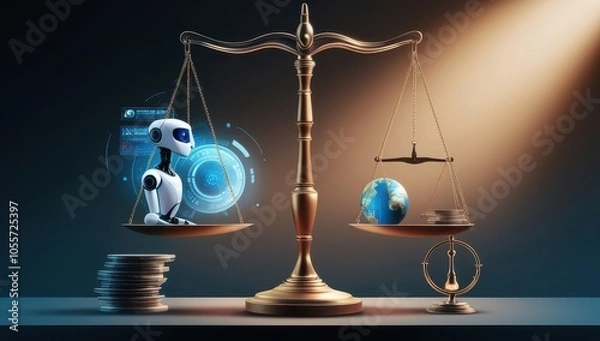 Fototapeta AI vs. The World: A robot on one side of a balance scale, the Earth on the other. A visual metaphor for the impact of artificial intelligence on our planet
