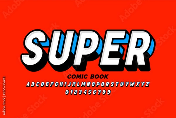 Fototapeta Super. Comic book style font design, alphabet letters and numbers vector illustration