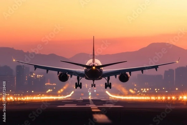 Fototapeta Airplane landing at sunset with illuminated runway lights, dramatic sky.