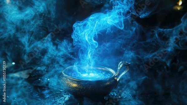 Fototapeta A wish-granting genie coming out of a magical lamp, with glowing blue smoke swirling around, capturing the essence of fantasy and magic.