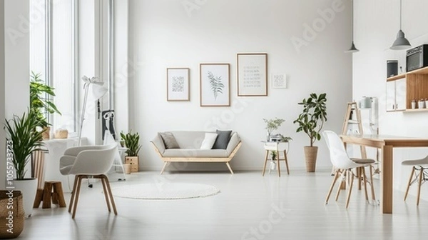 Fototapeta An inviting modern studio with a white background, featuring various photography equipment, creating a perfect environment for artistic projects