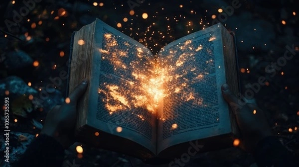 Fototapeta Bright, glowing lights emanating from an open magic book, casting magical energy into the surrounding dark environment.