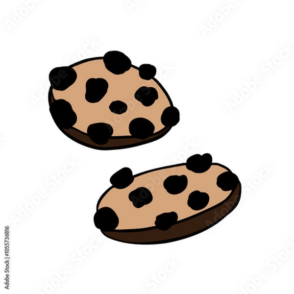 Obraz Two hand-drawn chocolate chip cookies, flat design pastry, colored cookie icon