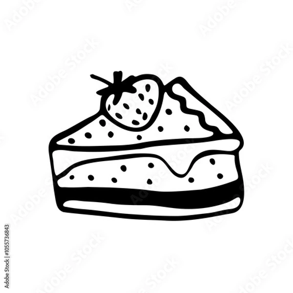 Obraz A cute hand-drawn slice of cake, a black and white piece of cake icon, a pastry doodle
