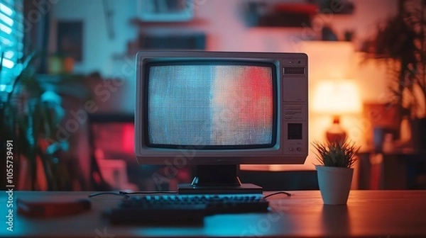 Obraz Old CRT monitor with visible reflections and pixelated display on a modern desk setup evoking a blend of eras