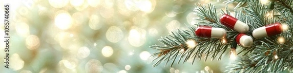 Fototapeta Festive holiday banner with colorful tablets and capsules scattered on snowy surfaces with pine branches and glowing lights, creating a winter-themed healthcare or wellness concept.