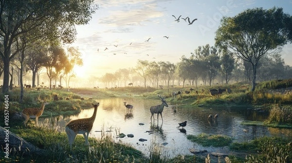 Fototapeta Serene 3D Wildlife Scene in a Protected Environment