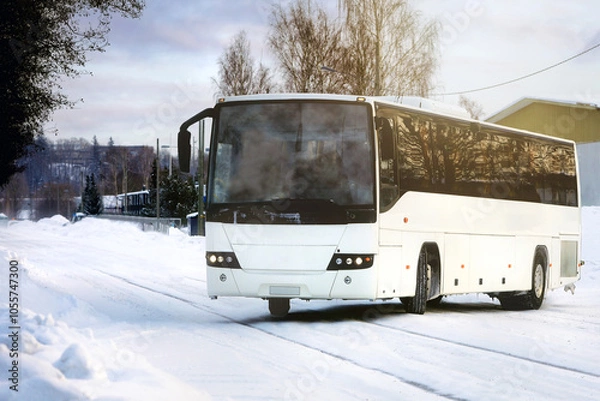 Obraz White Bus Travels in Winter Golden Hour