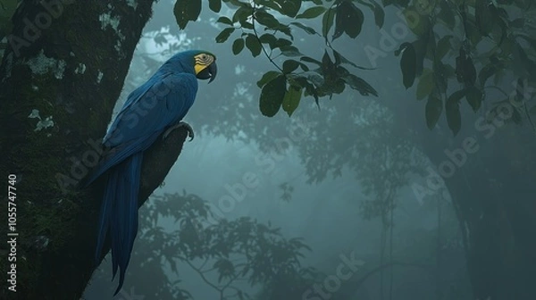 Fototapeta Blue and Gold Macaw Perched on a Tree Branch in a Misty Forest