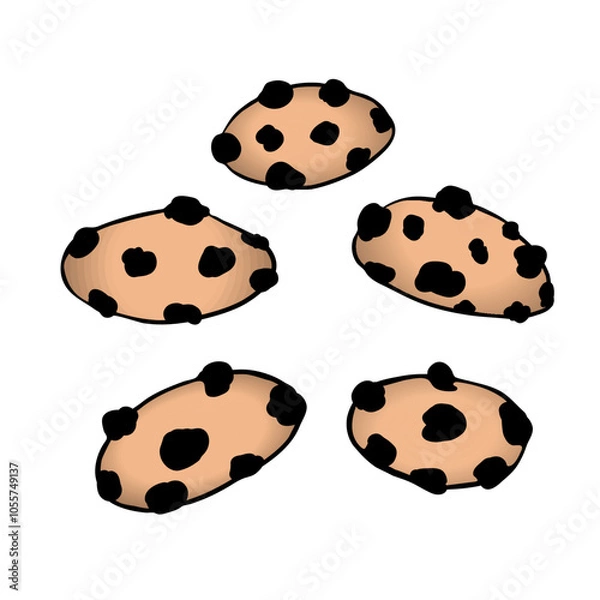 Obraz A group of cute hand-drawn cookies with chocolate chips isolated on white
