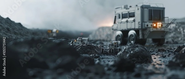 Fototapeta Lunar expedition rover navigates a rugged moonscape, hinting at exploration and technological advancement.