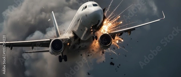 Fototapeta An airplane in a terrifying nosedive, engulfed in flames and smoke, creating an intense and urgent scene against a darkened sky.