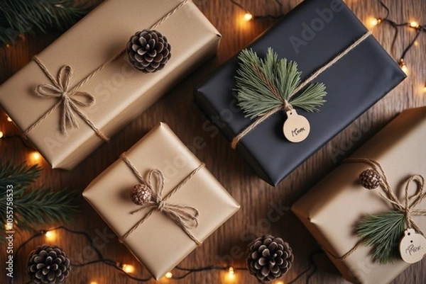 Fototapeta Rustic christmas gift wrapping with pinecones and string lights on wooden table for holiday season