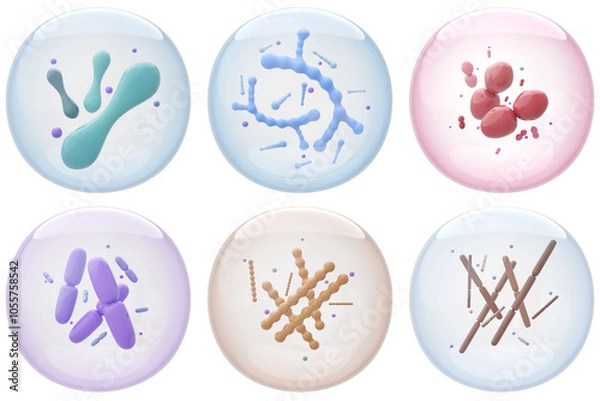 Obraz probiotic strains in bubbles on isolated white background. 3D rendering