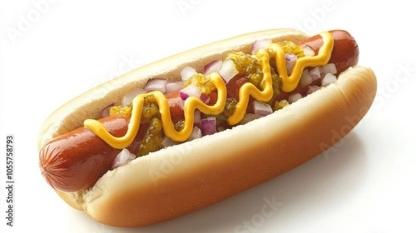 Fototapeta A savory hot dog garnished with mustard onions and relish ideal for summer cookouts and informal get togethers