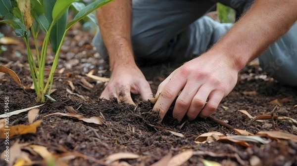 Fototapeta Gardener's Hands Preparing Soil for Planting with Organic Compost