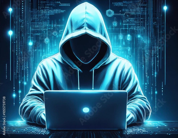 Obraz Hacker mit Hoodie  und Kapuze vor einem Laptop