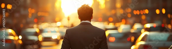 Obraz A Man in a Suit Walks Away from the Sunset in a Busy City Street