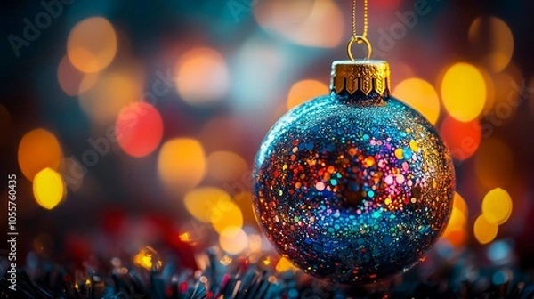 Obraz A Glittering Blue Ornament Hangs Against a Backdrop of Colorful Lights During the Festive Season