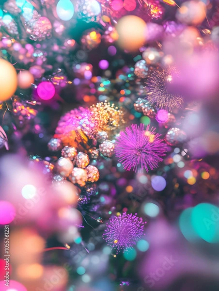 Fototapeta A vibrant, abstract composition of colorful lights and floral elements.