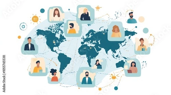 Fototapeta Illustration of a global network with diverse people connected through digital communication.