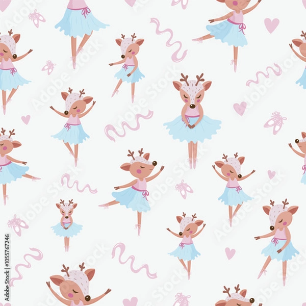 Obraz A seamless pattern with a ballet dancing deer girl, a cute girly ballet background in pastel colors, a kid character in various ballet postures, a deer ballerina wearing a tutu, pink ballet slippers 