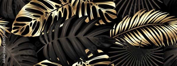 Obraz Luxurious gold and black background vector. Floral pattern, gold monster leaves, palm tree, banana leaf. Vector illustration.