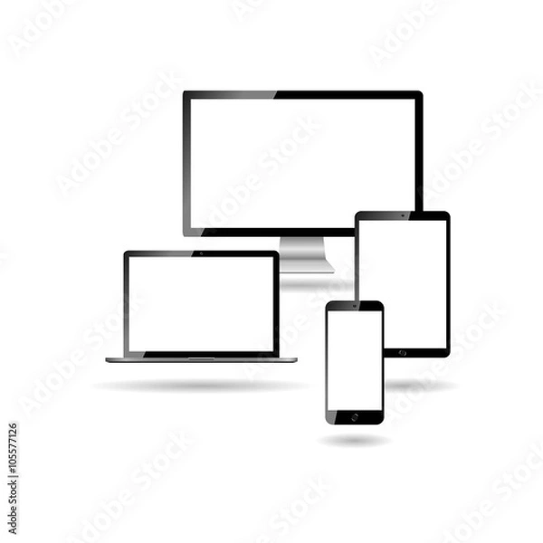 Fototapeta Vector drawing of a modern laptop, phone, tablet, monitor on a white background