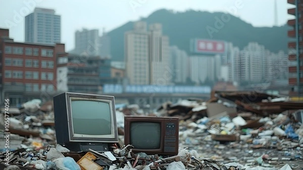 Fototapeta Urban Decay Mountains of Plastic Waste and Broken Appliances - A Stark Reminder of Environmental Negligence in Modern Cities