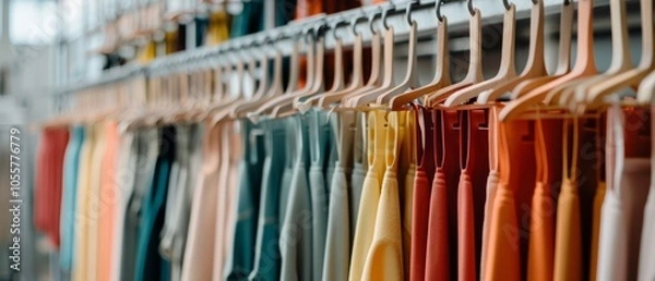 Fototapeta Rows of colorful garments hang neatly on wooden hangers in a well-lit, modern store, showcasing the spectrum of fashion and retail sophistication.